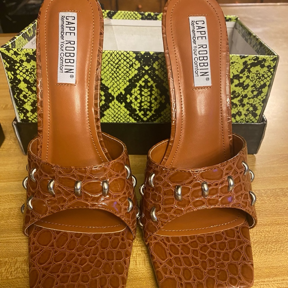 Cape Robbin Brown animal print square toe sandals with silver emblishment